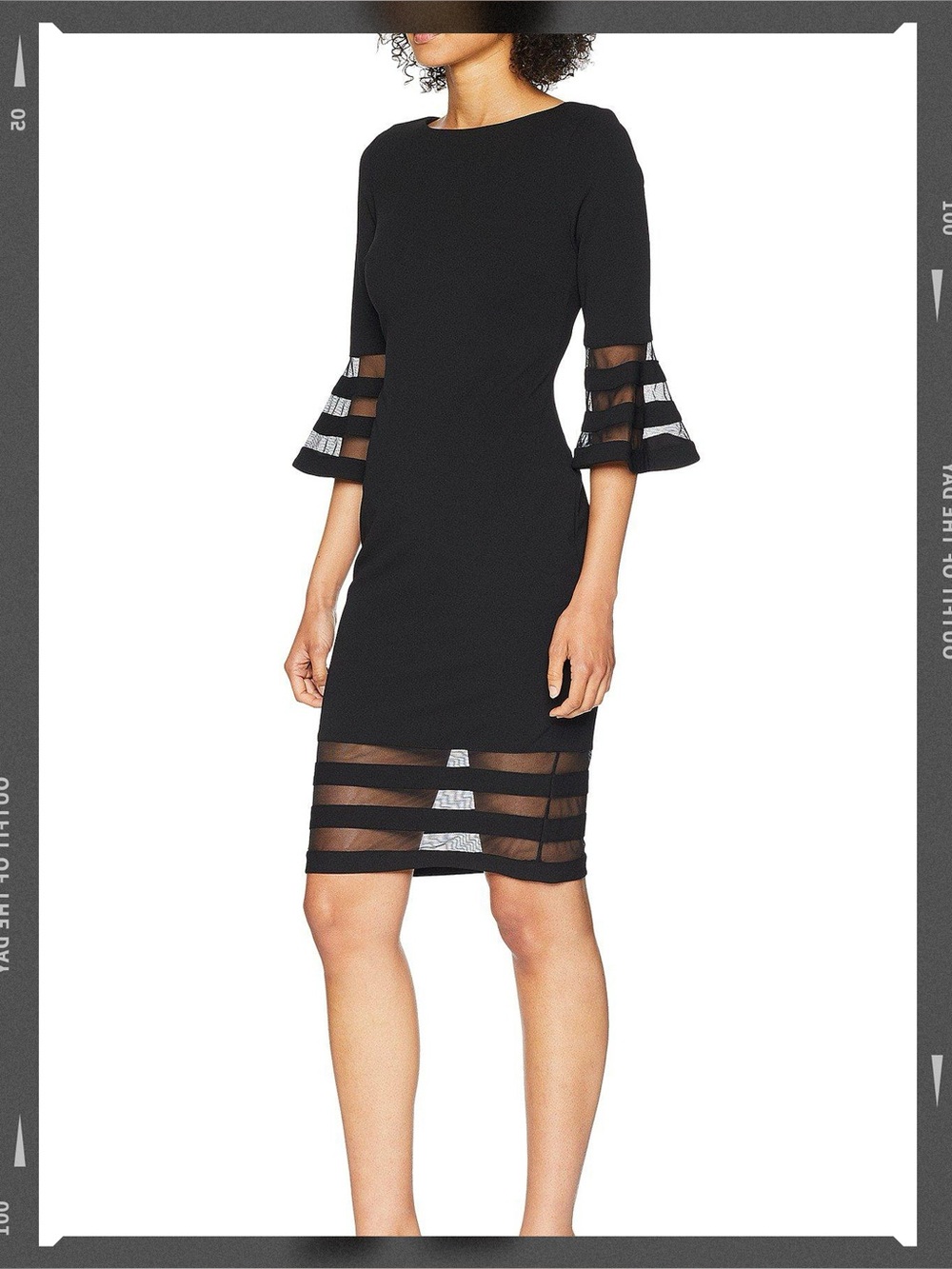 Calvin Klein Mesh Illusion Sheer-Stripe 3/4 Bell Sleeve Sheath Dress Blk Sz 4P